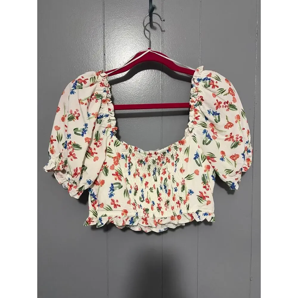 ASTR the Label Feronia White Floral Puff Sleeves Corset With Boning Crop Top M